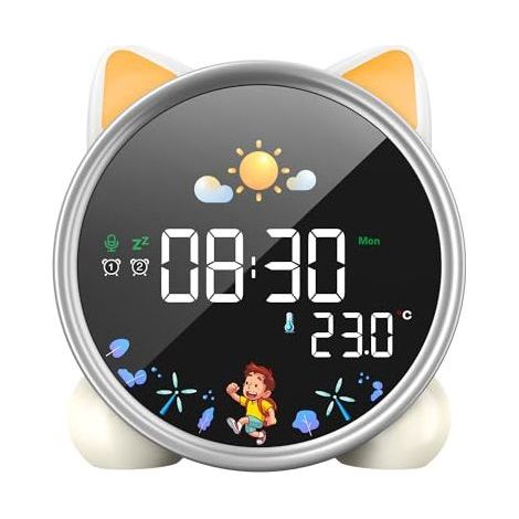 Réveil Educatif Jour Nuit Reveil Enfant 5 Couleurs Lumineux LED Lampe de Chevet avec Musique,Double Alarme,Température,Fonction Snooze (1/5)