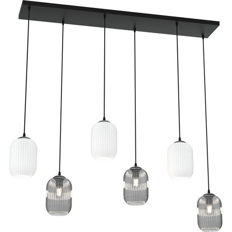 Lampadario 6 Luci Verdi In Acciaio Nero E Vetri Plissettati In Bianco E Fumè (1/5)