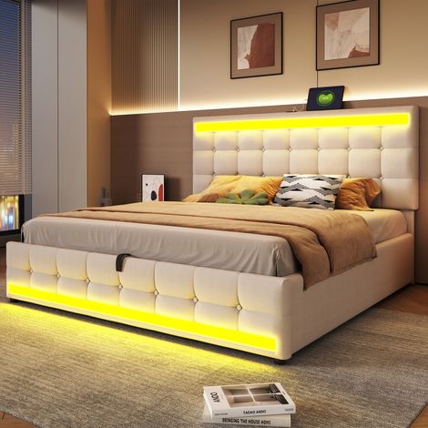 Lit double avec tiroir de rangement (180x200 cm, lin beige) , équipé de ports USB et bande LED à couleurs variables (1/4)