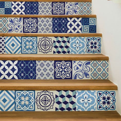 Stickers adhésifs escalier carrelages contremarche - VINTAGE BLEU D'AZURE - 2 bandes de 13.5x94.5cm (1/3)