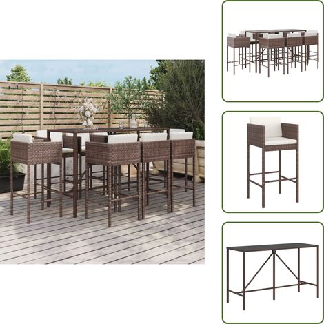 Cojín de respaldo - vidaXL Mesa y taburetes altos jardín 9 pzas y cojines ratán PE marrón - Bar de jardín