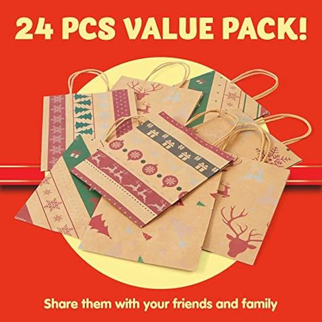 24 Pack Christmas Kraft Paper Gift Bags with 6 Assorted Designs for Kraft Paper Bags, Red and White Kraft Paper Bags (1/4)