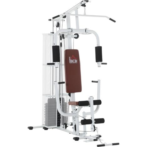 Stazione fitness multifunzione in metallo bianco con pesi, lat machine e leg curl 150 x 110 x 210 cm (1/4)