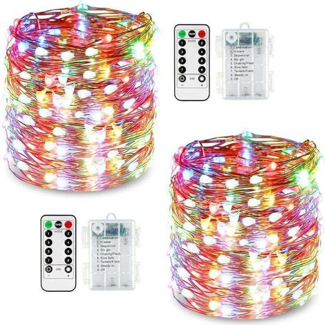 Lot de 2 Guirlandes Lumineuses LED 10 m 100 8 Modes Éclairage Extérieur Fil de Cuivre à Piles Etanche IP67 avec Télécommande et Minuterie pour Éclairage Extérieur, Intérieur, Noël et Décoration (1/5)