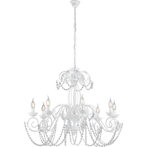 Lampadario Shabby Damasco 8 Luci Ferro Battuto Bianco E Cristalli (1/3)