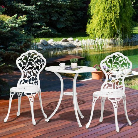 Conjunto de jardín de 3 piezas de aluminio blanco, 2 sillas de exterior de 45x42x85,5 cm y mesa redonda de Ø61x66,5 cm. (1/5)