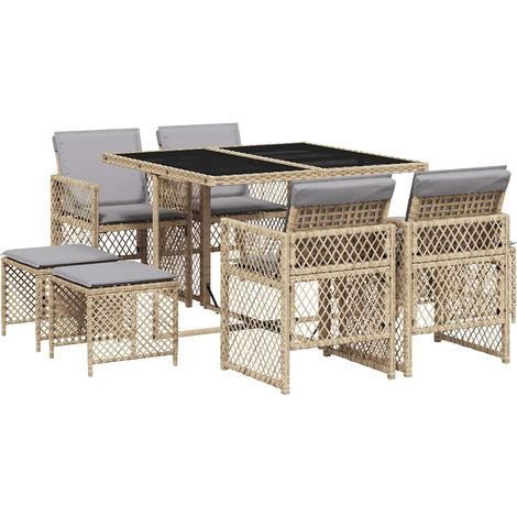 9 Piece Garden Dining Set with Cushions Beige Poly Rattan vidaXL