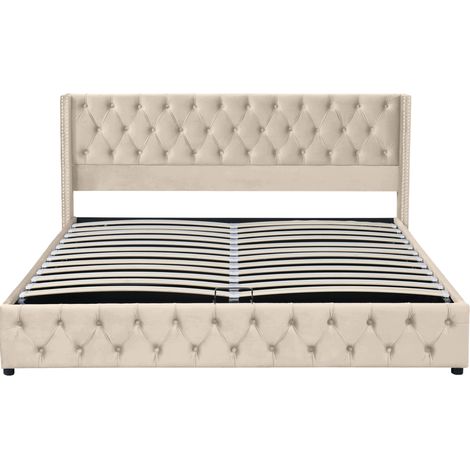 Cama tapizada (162.56x45.72x10.92 cm), estilo Chesterfield, cabecero alto con capitoné, almacenaje hidráulico, terciopelo beige (1/5)