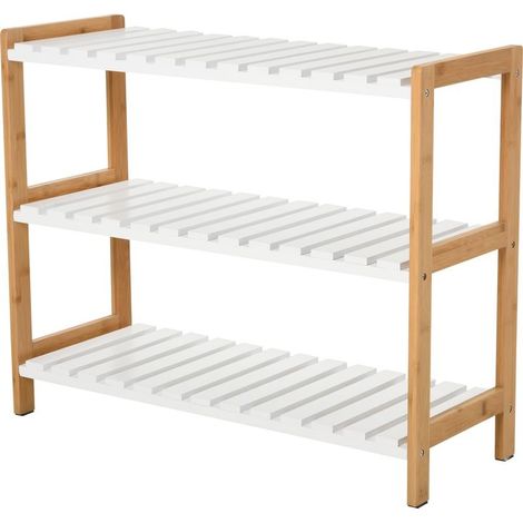 Étagère à chaussures à 3 niveaux, porte-chaussures en bois de pin avec 3 étagères à lattes, pour salon, entrée, 70 x 26 x 57,5 cm, blanc et effet bois naturel (1/5)