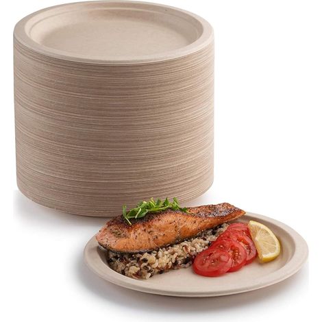 Lot de 200 Assiettes, 17,8 cm, Fibre de bagasse, Compostables, Résistantes, Pique-niques (1/5)