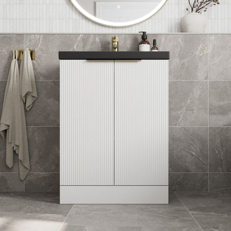 Fluted 600mm Bathroom Vanity Unit Basin Floorstanding Cupboard Soft Close White (1/5)
