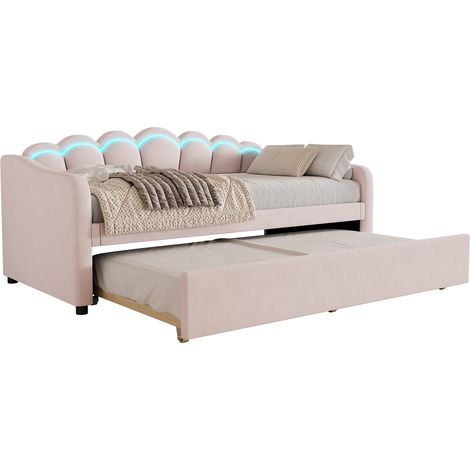 Lit banquette en velours rose 90x200 cm avec lit gigogne 90x190 cm et LED d’ambiance, sommier à lattes inclus (1/5)