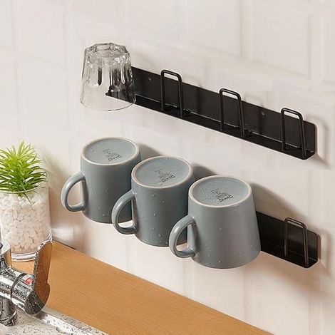 2 porte-gobelets muraux, crochets pour tasses à café sans perçage, avec 4 supports, porte-gobelets pour cuisine, salon, bureau (noir)