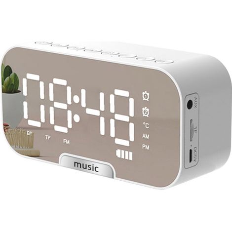Horloge Réveil Numérique Miroir avec Haut-Parleur BT/Radio FM/Affichage Température, Lecteur Musique TF, 3 Luminosités, Support Téléphone- Blanc (1/5)