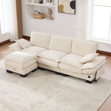 Divano modulare 3 posti 260x132x84 cm beige in velluto a coste con pouf contenitore, USB-C e tasche laterali (1/5)