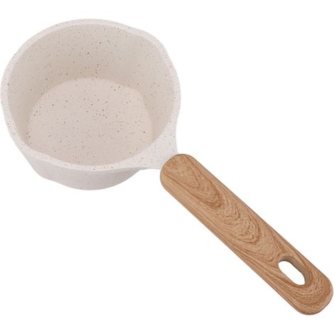 Kleiner weißer, antihaftbeschichteter Topf mit flachem Boden für Milch, multifunktional zum Kochen und Braten. (1/5)