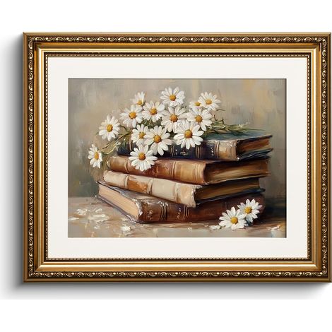 Images sur toile avec cadre doré, petites peintures murales vintage, marguerites et livres, décoration murale pour salon, chambre à coucher, bureau, ferme, 33 x 40 cm (1/5)