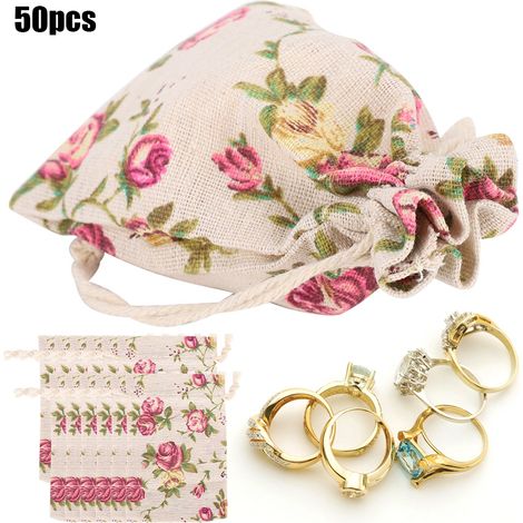 Sacs en tissu à motifs floraux, sacs à cordon en lin, sacs cadeaux pour bijoux, sacs d'emballage, articles de Noël, de mariage, de fête et pour la maison (50 pièces) (1/5)