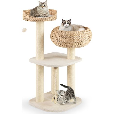 Albero per gatti da interno con trespoli in sisal naturale, Lettini a forma di cesto con pallina appesa Bianco (1/5)