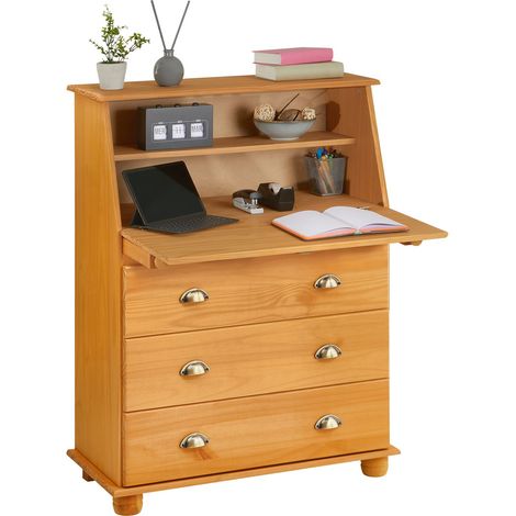 Idimex – Bureau secrétaire GOMES 3 tiroirs en pin massif – Finition teintée/cirée – Plateau rabattable avec étagère intégrée – Dimensions tiroirs 71x16x30cm
