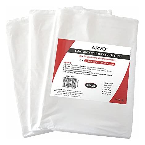 ARVO Polythene Drop Sheet 12ft X 9ft (3.6m x 2.7m) Dust Sheet Lightweight, Ideal pour proteger les meubles, les sols, la decoration interieure, etanche a la poussiere et a l'eau - Pack de 3 (1/5)