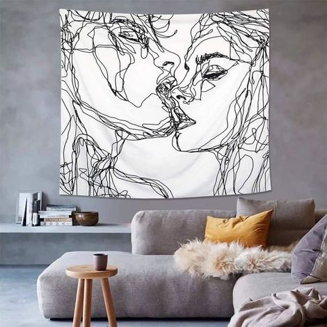 Tapisserie de crâne Tapisserie murale à suspendre Les amoureux qui s'embrassent Tapis de squelette humain noir et blanc avec rose (1/3)