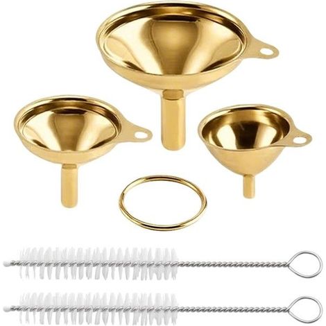 Entonnoirs en acier inoxydable doré pour la cuisine, ensemble de 3 entonnoirs (grand, petit et minuscule) avec 2 goupillons (1/3)