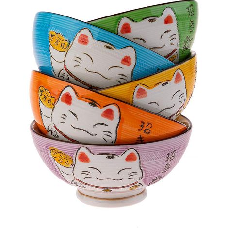 Coffret Bols Japonais Design Maneki Neko - 5 Bols à Riz Traditionnels - Chat Nippon Porte-Bonheur - Décoration Japonaise - Idée Cadeau Japon Asie (1/5)