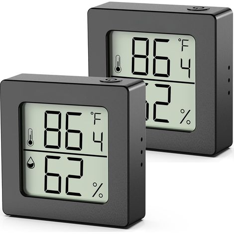 Juego de 2 mini higrómetros digitales, termómetros de interior, higrómetros, termómetros de ambiente, para invernaderos y sótanos, negro. (1/5)