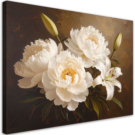 Cuadro en Lienzo, Peonías color crema flores retro, 30x20 (1/5)