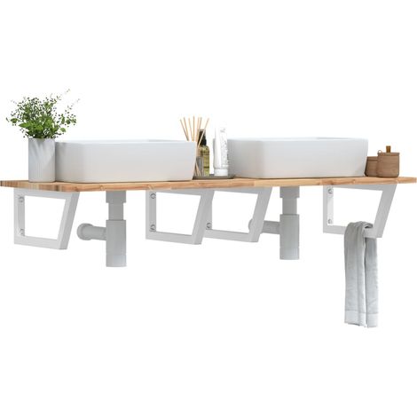 Plan vasque mural 140 x 50 cm en acacia massif avec 4 supports en acier blanc - PANGIVO (1/5)