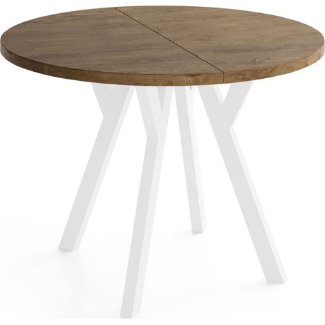 Runder Ausziehbarer Esstisch im Loft-Stil – Verlängerbarer Platzsparender Tisch mit Weißen Holzbeinen – Eiche Braun Rustikal – 80 bis 130 cm