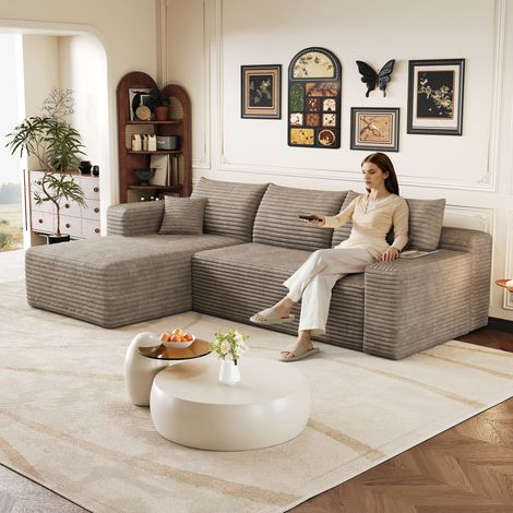 Canapé d'angle 241 cm motif nuage, canapé moderne et minimaliste, confortable, assise profonde avec angle, livré monté, couleur camel (1/4)