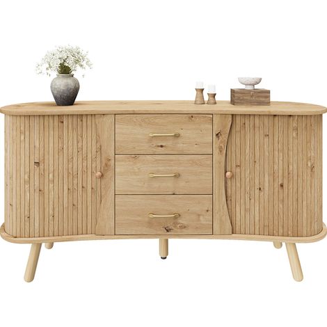 Buffet en forme de pois avec motif rainuré, deux portes coulissantes et trois tiroirs, compartiments réglables en hauteur, pieds en bois massif, aspect bois, matériau MDF, style scandinave moderne