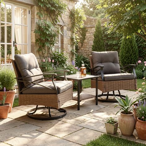 URBAN MEUBLE Salon De Jardin Rotatif, 2 Fauteuils Pivotants En Rotin Pe Marron/gris Et Table Basse Ensemble