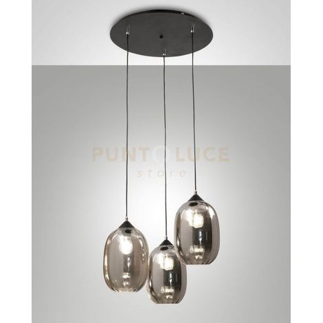 INFINITY SOSPENSIONE 3 LUCI IN VETRO FUME' D.58CM CON STRUTTURA IN METALLO NERO TONDA ATTACCO E27 SMART C/ACCESS.