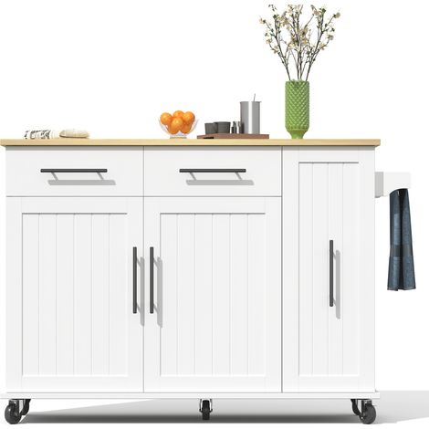 Îlot de cuisine avec plateau rabattable, chariot de rangement avec organisateur de placard extractible à 3 niveaux, étagère de rangement intérieure