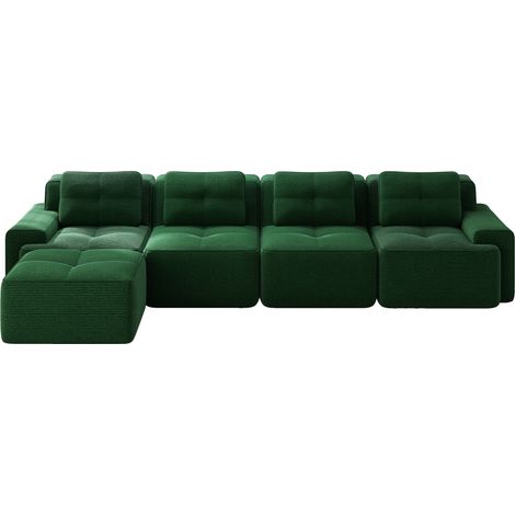 Sofá modular en L de terciopelo acanalado verde para salón, 4 plazas, asiento profundo, sin montaje (1/5)