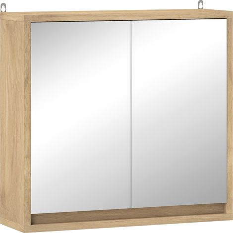 Meuble de salle de bain avec miroir, 2 portes et étagère réglable, style moderne, fixation murale, 48 x 14,5 x 45 cm, naturel (1/5)