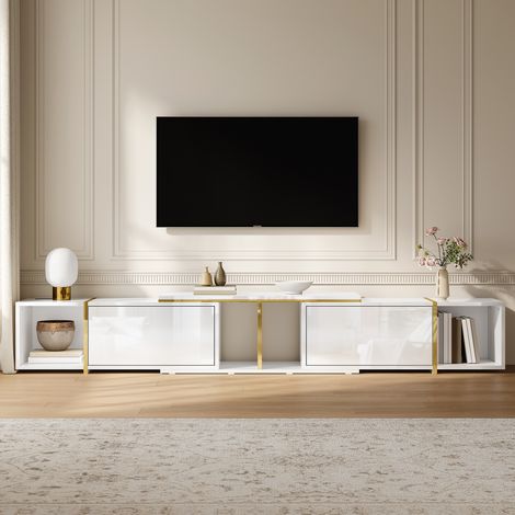 Meuble TV Extensible avec Rangements Fermés et Niches Ouvertes, Passe-Câbles, Façades Brillantes, pour Salon, Blanc (1/5)