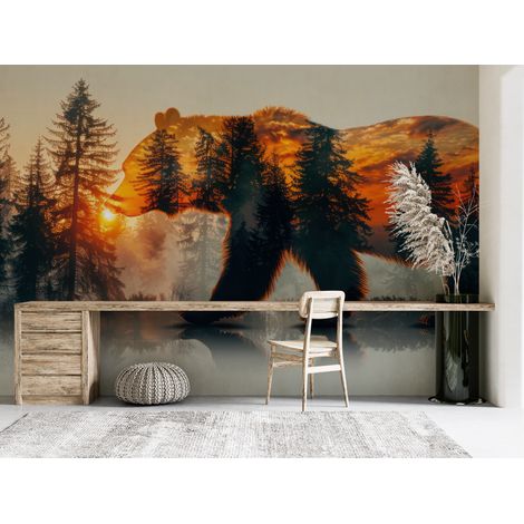 Papier peint animaux silhouette dours dans la foret au soleil - 150 x 250 cm (1/2)
