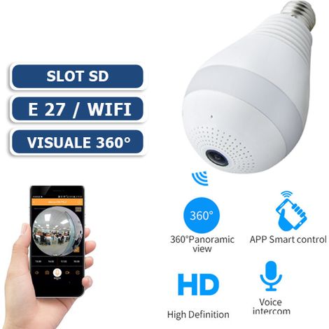 TELECAMERA 360° LAMPADINA E27 WIFI AUDIO OCCHIO SPIA CAMERA NASCOSTA
