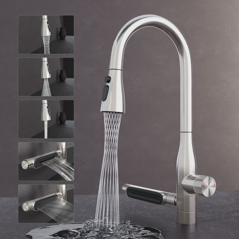 Mai & Mai Wasserhahn Küche mit Wasserfallstrahl, Spültischarmatur Küchenarmatur, Mischbatterie mit Einhebelmischer 360° Schwenkbar, Küchenwasserhahn aus Edelstahl Silber Turnix-03 (1/5)