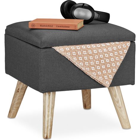 Relaxdays Hocker mit Stauraum, Kunstleinen-Bezug, gepolstert, Holzbeine, Fußhocker mit Deckel, HBT 40x40x40 cm, grau (1/5)