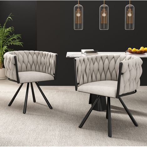 Set di 2 sedie da sala da pranzo in lino beige, poltrone girevoli con gambe in metallo nero