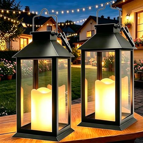 Lanterne Solaire Exterieur, 2 Pièces Suspension Lampe Solaire avec Bougie LED Flamme Vacillante, IP44 Étanche Deco Jardin Exterieur pour Table Terrasse Funeraire Balcon Decoration Noir (1/5)