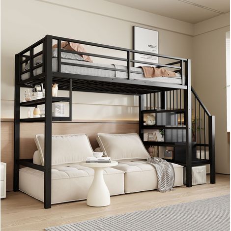 DESVIAE Lit mezzanine enfant en métal et MDF noir 90 x 200 avec étagères intégrées échelle de rangement et garde corps (1/4)
