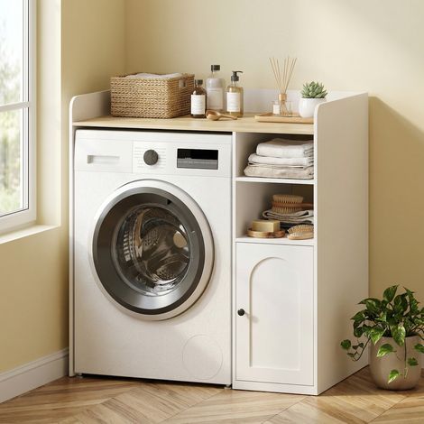 Meuble sous-lave-linge, meuble de salle de bain, 93,5 x 60 x 100 cm, blanc et naturel (1/5)