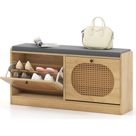 COSTWAY Rattan Shoe Rack Stand Shoe Storage Bench with Seat Cushion-Natural (1/5)
