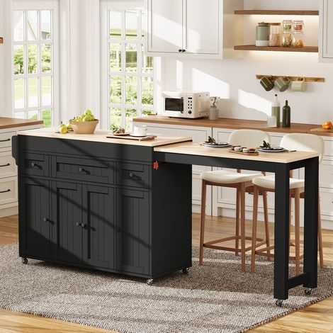 Îlot de cuisine sur roulettes, îlot de cuisine extensible avec étagère à épices et tiroirs, îlot de cuisine mobile et autoportant, idéal pour la cuisine et la salle à manger (noir) (1/4)